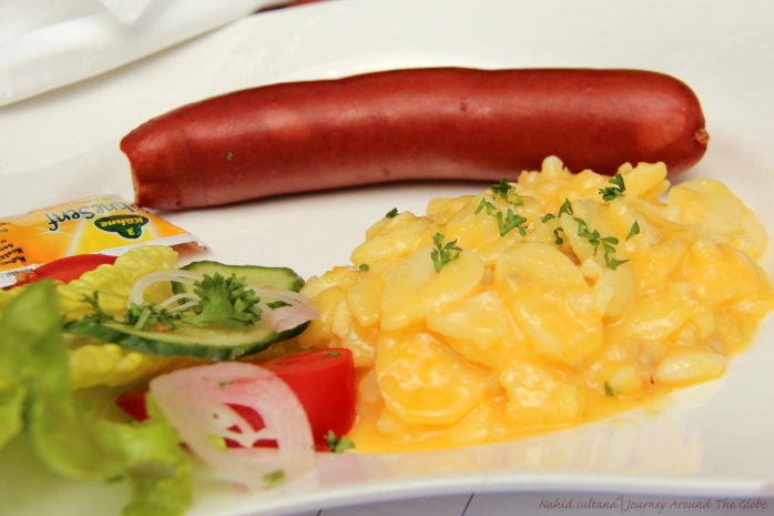 My lunch in Frankfurt - a frankfurter with potato salad and garden salad mix