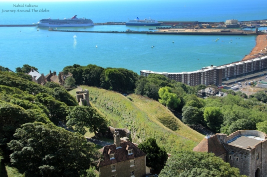 View of English Channel and Dover Port from Dover Castle in England
