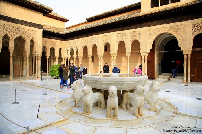 "The Fountain of the Lions" in Nasrid Palace of Alhambra - Granada, Spain